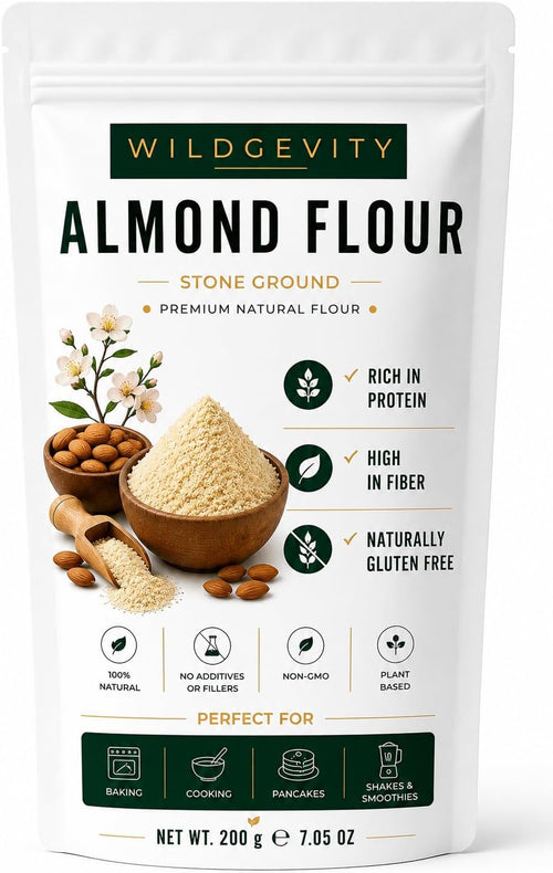 Almond Flour 200g | Stone Ground | High Protein | Gluten Free | Wildgevity | 100% pure stone ground almond flour. High protein, rich in fibre, naturally gluten free and perfect for baking.