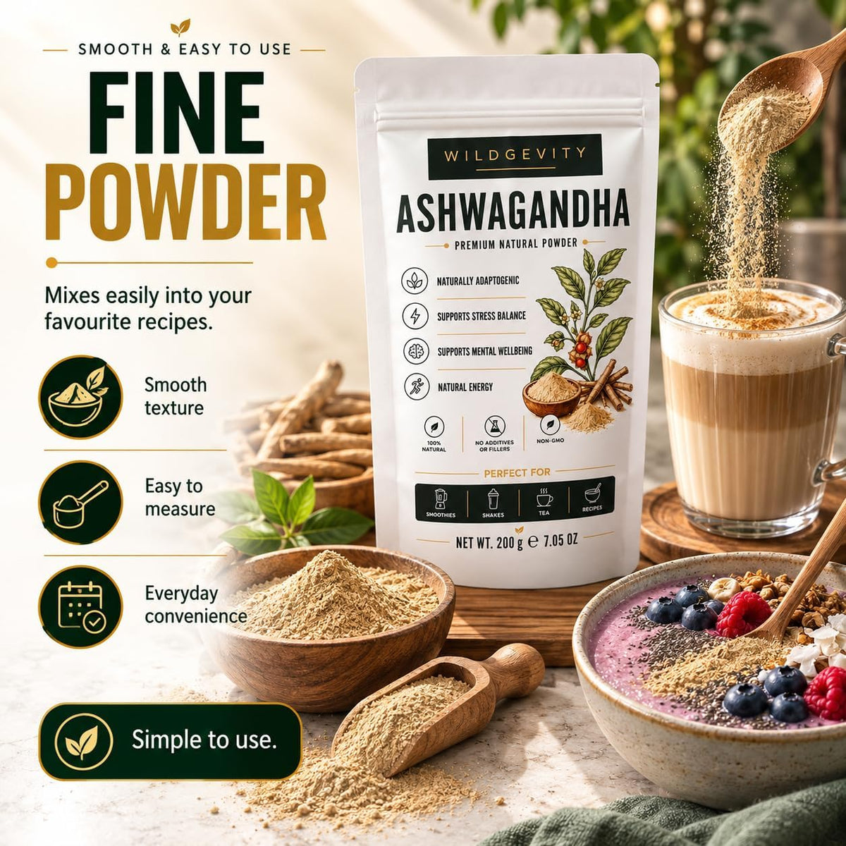 Ashwagandha Root Flour 200g | 100% Pure | Finely Ground | 100% pure finely ground ashwagandha root flour. No additives or fillers. Ideal for smoothies, tea and recipes.