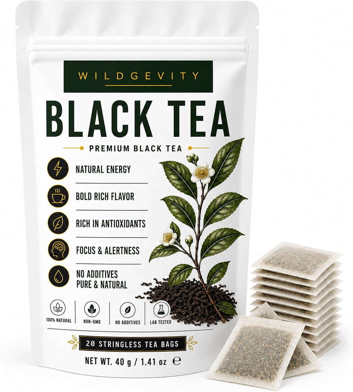Black Tea 20 Tea Bags | Stringless | Premium Herbal Tea | 20 stringless tea bags with rich, full-bodied black tea. Naturally aromatic and perfect for everyday enjoyment.