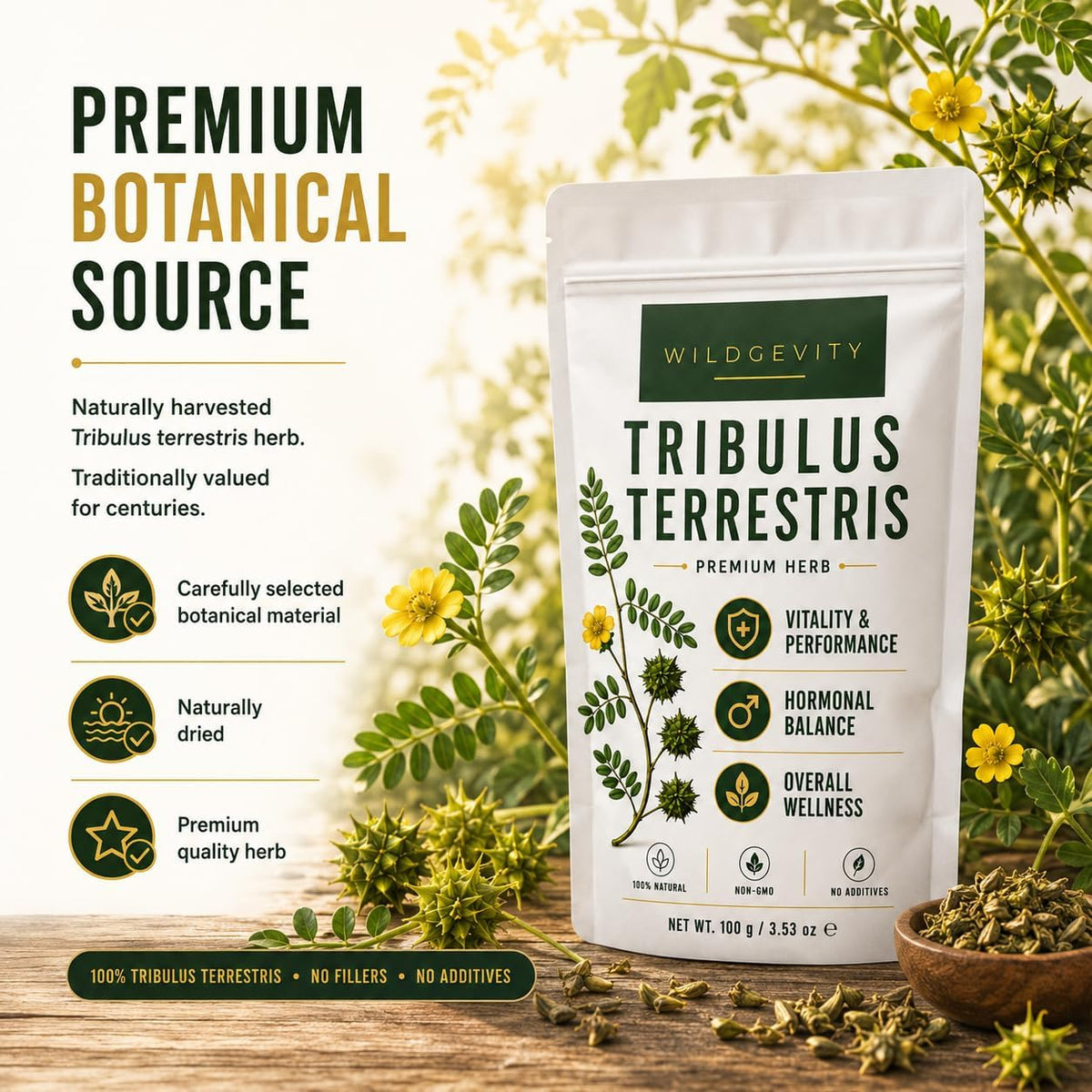Tribulus Terrestris Herb 100 g | Premium Quality | 100% Pure | Carefully selected and gently processed, packed in a resealable pouch for freshness.