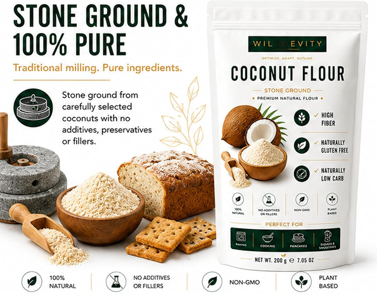 Coconut Flour 200g | Stone Ground | High Fibre | Gluten Free | Made from carefully selected coconuts with a fine texture, perfect for baking, cooking and everyday recipes.