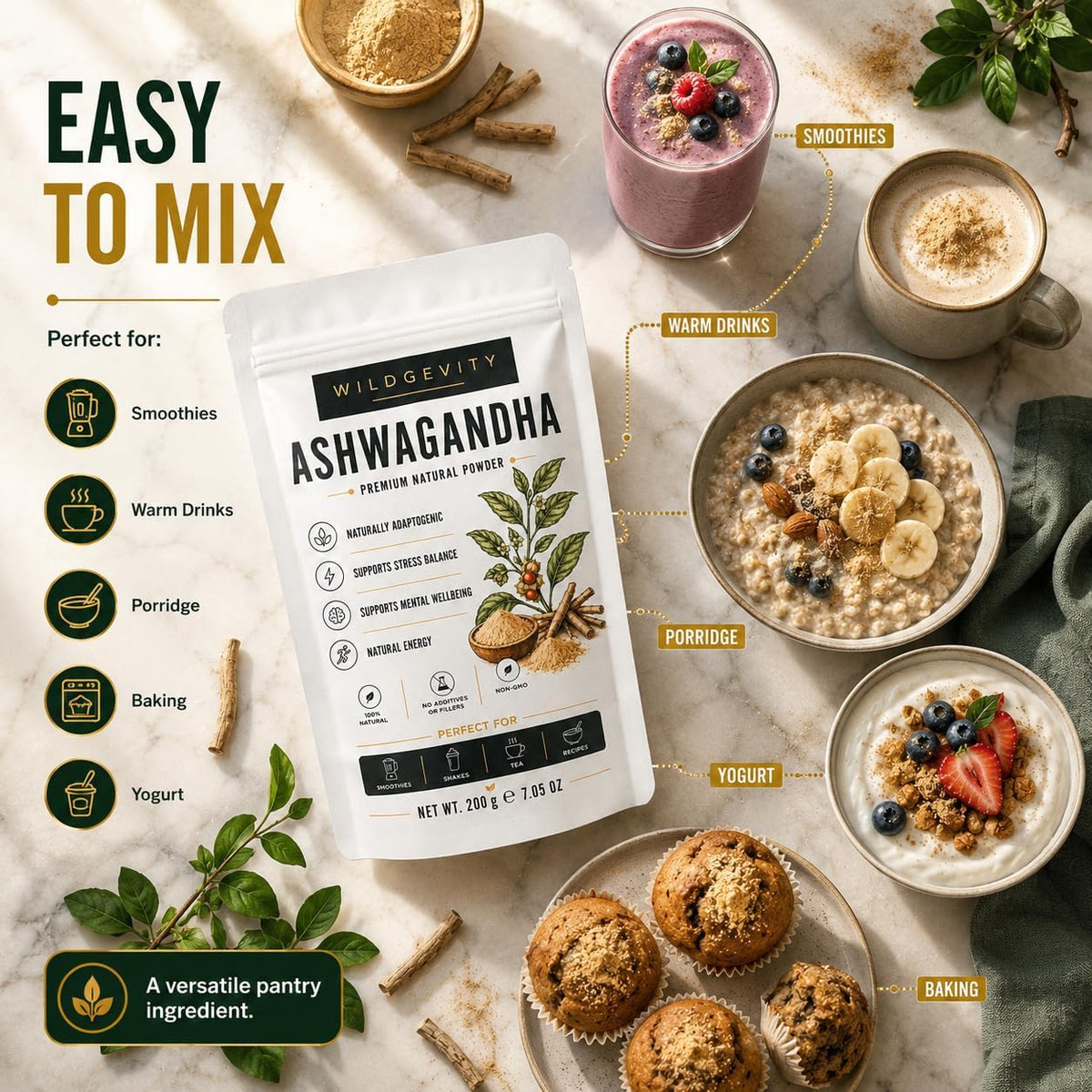 Ashwagandha Root Flour 200g | 100% Pure | Finely Ground | 100% pure finely ground ashwagandha root flour. No additives or fillers. Ideal for smoothies, tea and recipes.