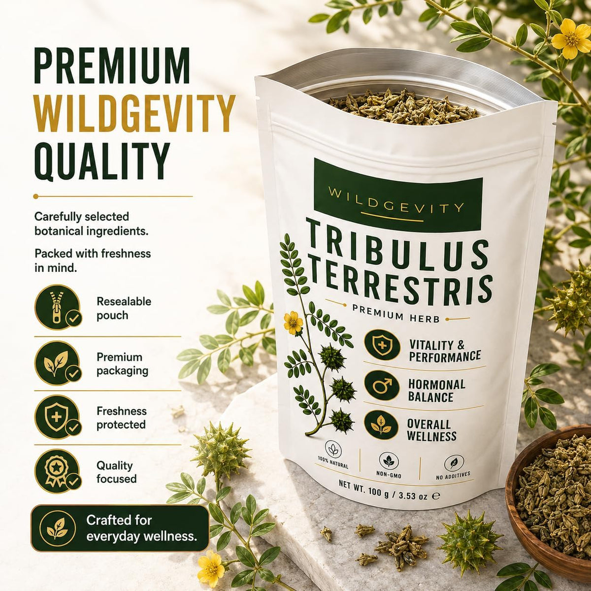 Tribulus Terrestris Herb 100 g | Premium Quality | 100% Pure | Carefully selected and gently processed, packed in a resealable pouch for freshness.