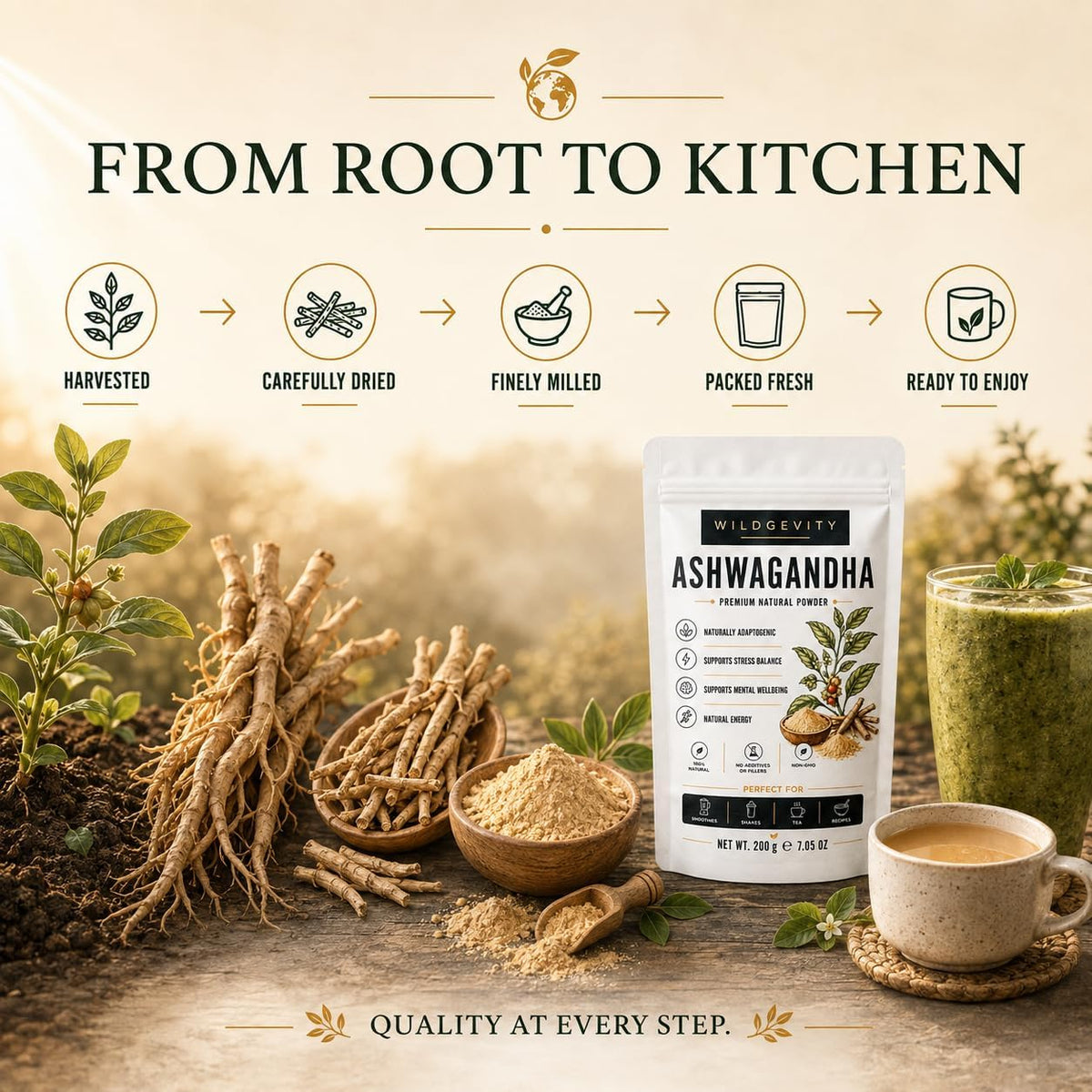 Ashwagandha Root Flour 200g | 100% Pure | Finely Ground | 100% pure finely ground ashwagandha root flour. No additives or fillers. Ideal for smoothies, tea and recipes.
