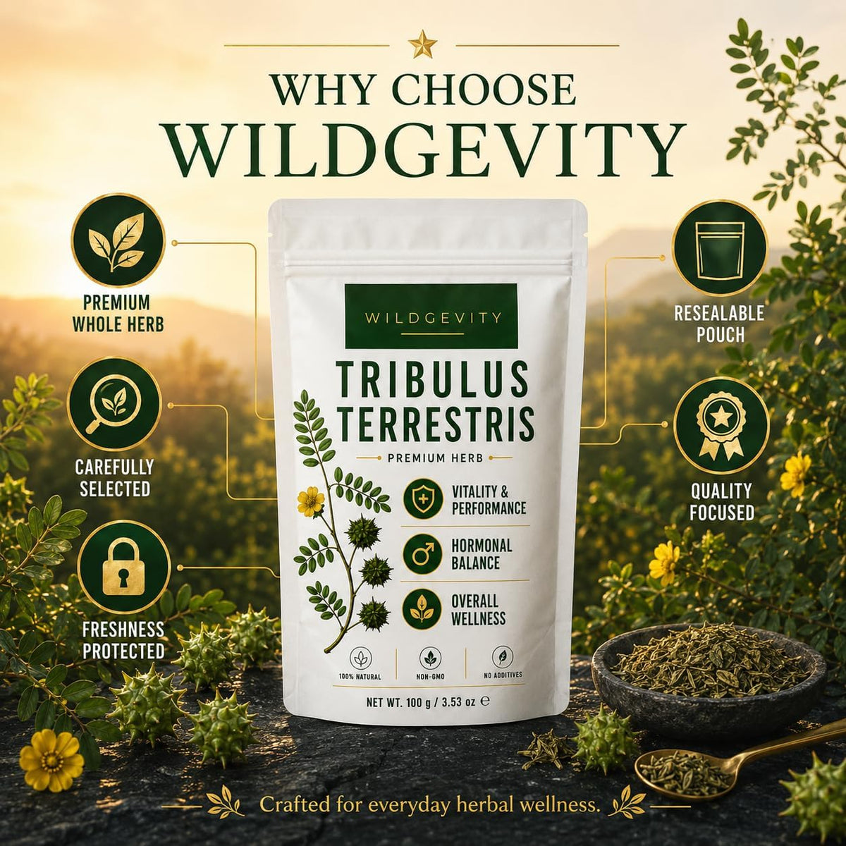 Tribulus Terrestris Herb 100 g | Premium Quality | 100% Pure | Carefully selected and gently processed, packed in a resealable pouch for freshness.