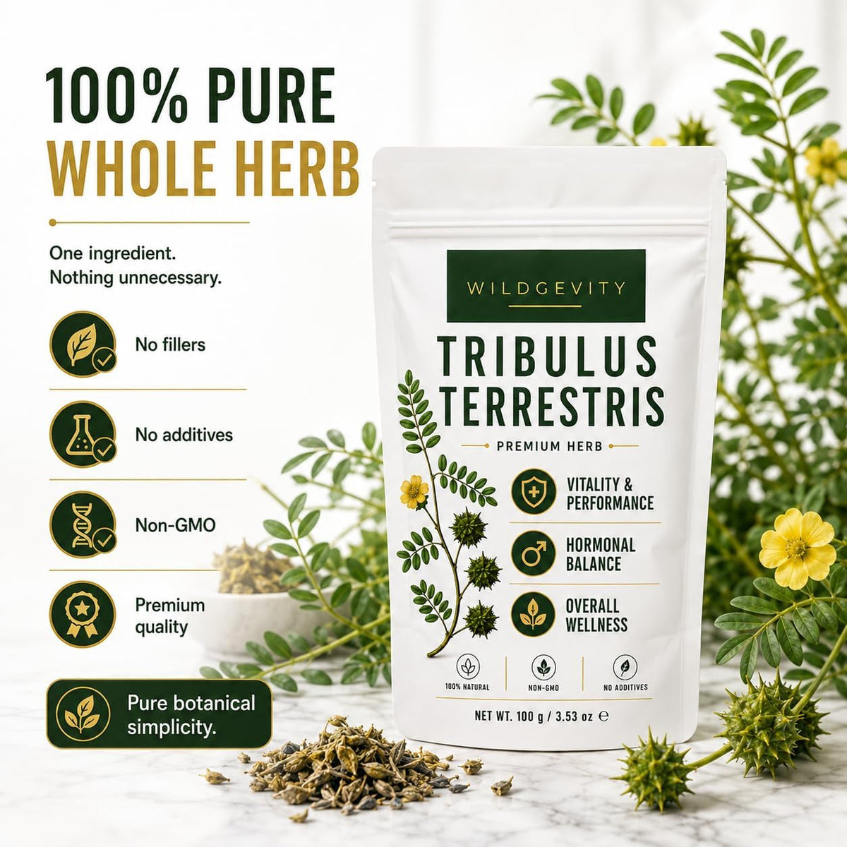 Tribulus Terrestris Herb 100 g | Premium Quality | 100% Pure | Carefully selected and gently processed, packed in a resealable pouch for freshness.