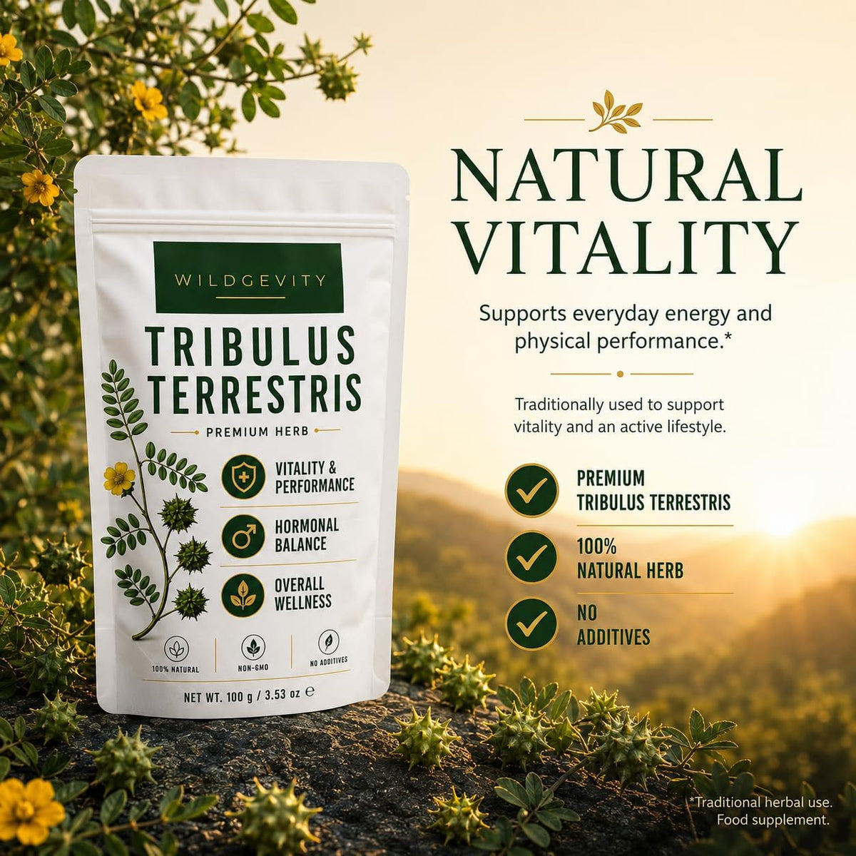 Tribulus Terrestris Herb 100 g | Premium Quality | 100% Pure | Carefully selected and gently processed, packed in a resealable pouch for freshness.